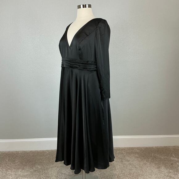Mac Duggal Satin Long Sleeve Fit and Flare Midi Cocktail Dress Black Size 20W - Picture 4 of 14